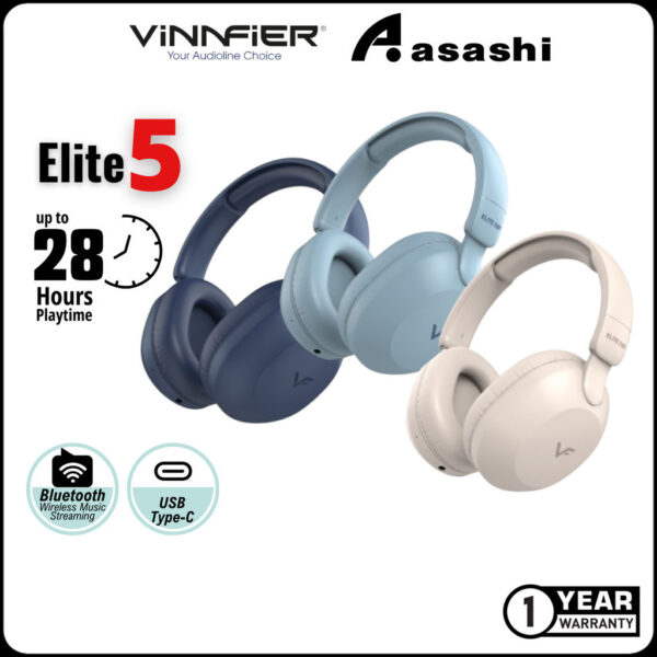 Vinnfier VF Elite 5 BT Wireless Bluetooth v5.3 Headphone With Playtime Up to 28 hours 8D Music