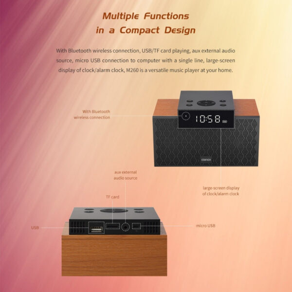 Edifier MP260 Portable Speaker - Bluetooth V5.0 | Built-in Clock | Alarm Function | Wooden Enclosure | 2.1 Channel
