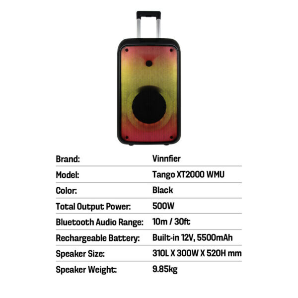 Vinnfier FlipGear Tango XT2000 WMU 500W Bluetooth Speaker HI-FI Audio Karaoke PartyBox Speaker with 2 Wireless Mic Audio