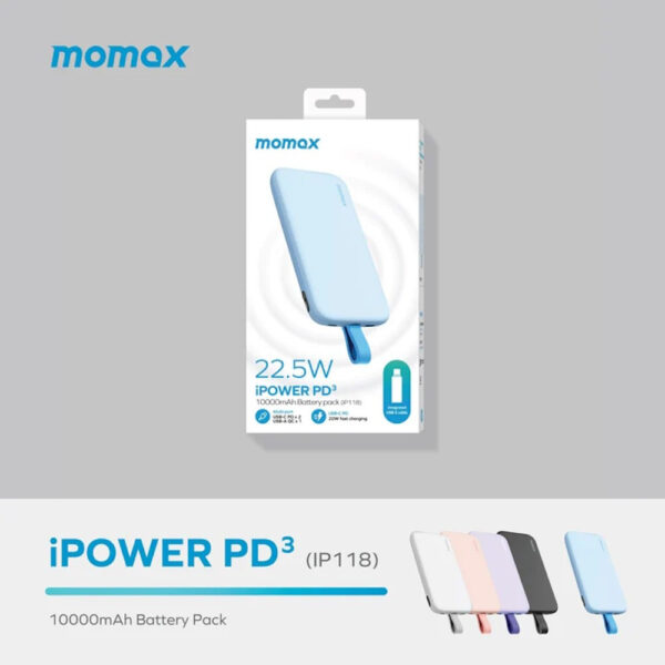 Momax iPower PD3 10000mAh Power Bank with USB-C Cable (2Y) IP118