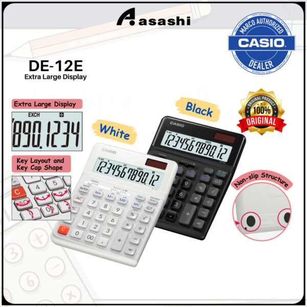 Casio DE-12E Extra Large Display Ergonomic Heavy Duty Calculator Black / White