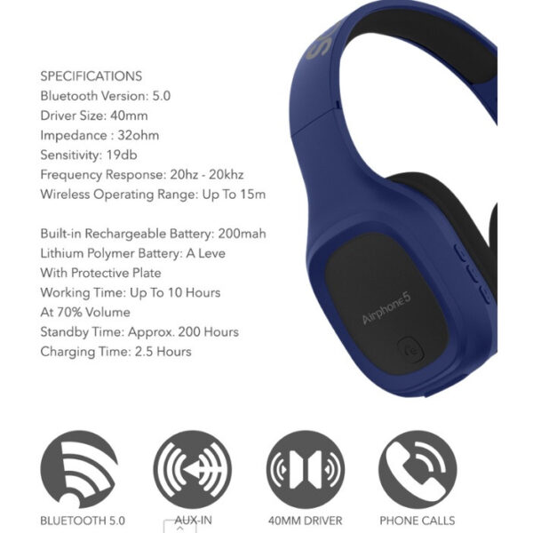 SonicGear Airphone 5 Bluetooth 5.0 Headphone | High Clarity | Strong Bass | Built-In Microphone