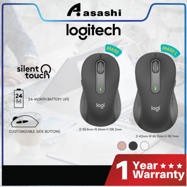Logitech M650 +K650 Signature Wireless Bluetooth Multi-Device Compatibility Customizable Side Buttons Silent Touch Mouse