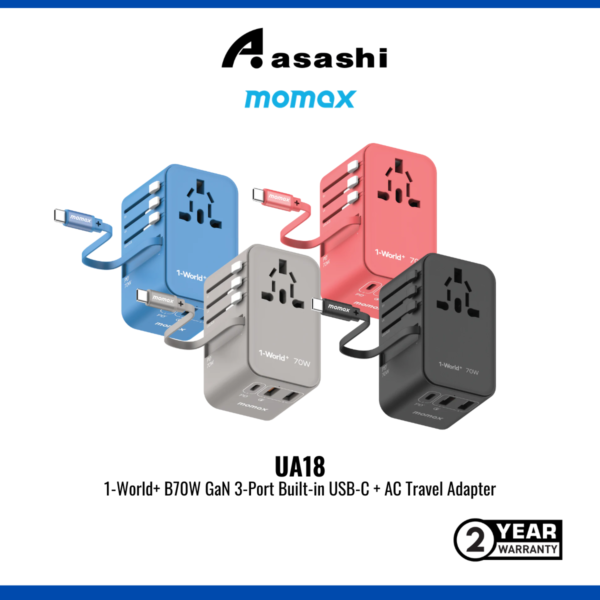 Momax 1-World+ 70W GaN 3-Port with Built-in USB-C Cable + AC Travel Adaptor (2Y) UA18