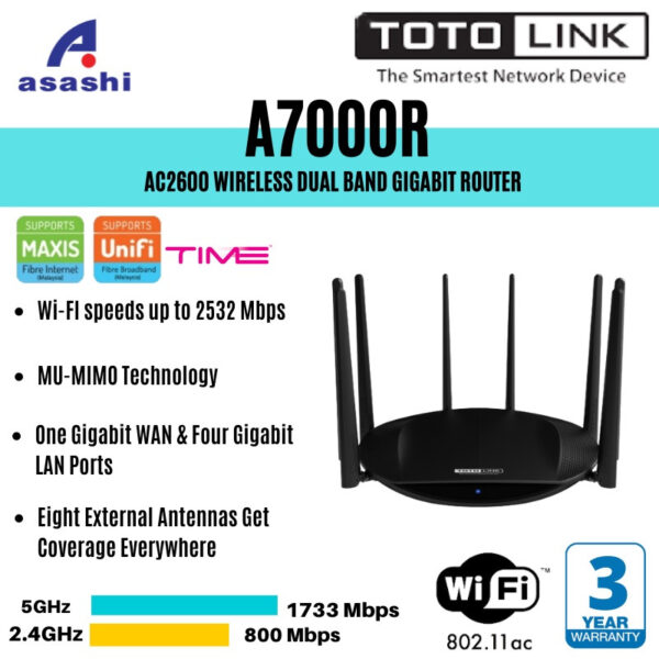 TOTOLINK A7000R AC2600 Gigabit Dual Band 2.4Ghz + 5Ghz Wireless WiFi Network Router (Support Unifi , Maxis & TIME Fiber)