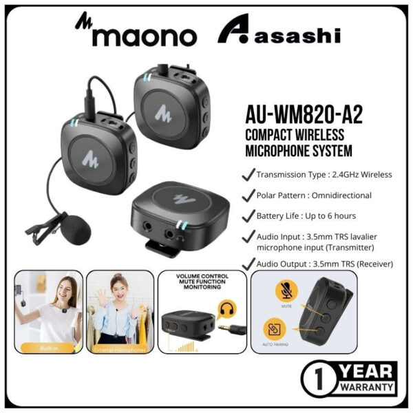 Maono AU-WM820 2.4G Wireless Lavalier Microphone / AU-WM820-A2 / AU-WM820-A1