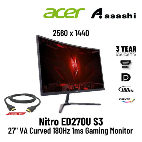 Acer Nitro ED270U / ED270US3 / ED270U S3 27" VA Curved 180Hz 1ms 2K HDR10 Gaming Monitor (HDMIx2/ DP/ AUXO)