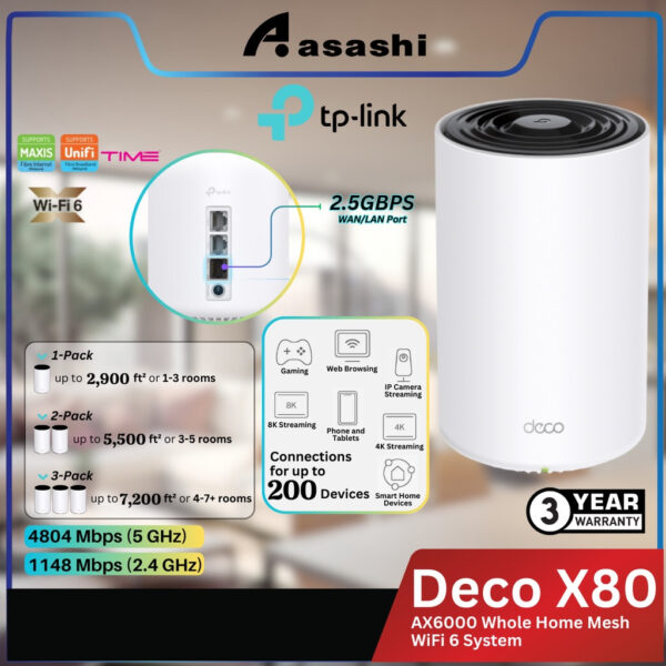 Tp-Link Deco X80 2 Packs / 3 Packs AX6000 Whole Home Mesh WiFi 6 System (AP Or Router Mode) (Support Unifi , Maxis & TIM