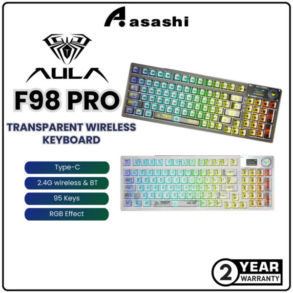 AULA F98 PRO Black/White Transparent Wireless Keyboard Digital Display - 2.4Ghz/BT/USB-C