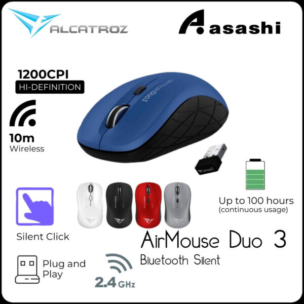 Alcatroz AirMouse Duo 3 Wireless + 2.4G Bluetooth Silent Mouse with Battery (1 yrs Limited Hardware Warranty)