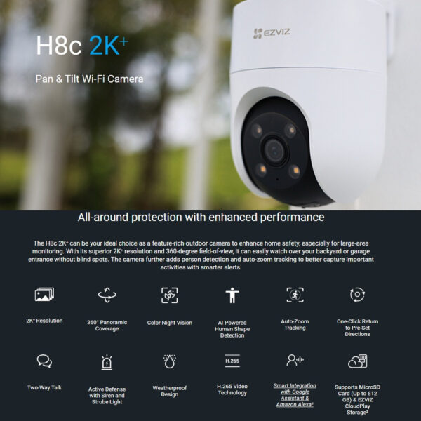 Ezviz H8C 2K⁺ 1440P Pan & Tilt Rotate 360° Outdoor Smart Color Night Vision Two Way Talk Wi-Fi Camera
