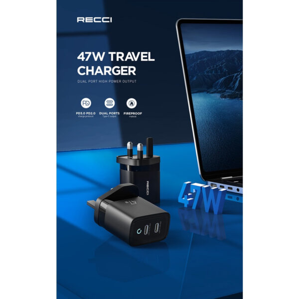 Recci RC42 GaN 47W Dual Type-C Port Charger (UK Plug)