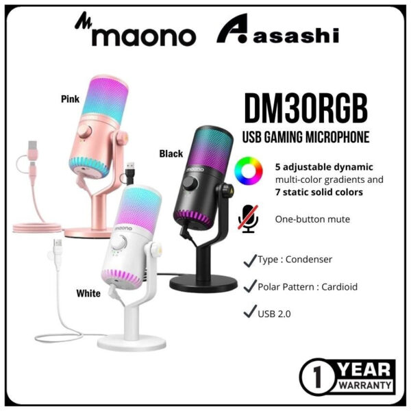 MAONO DM30RGB / DGM30RGB USB GAMING MICROPHONE WITH CONTROLLABLE RGB LIGHTING, CARDIOID PATTERN AND MAONO LINK