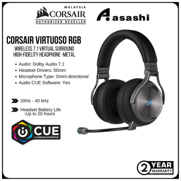 CORSAIR Virtuoso RGB Wireless 7.1 Virtual Surround High-Fidelity Headphone SE, Gun Metal ( CA-9011180-AP )