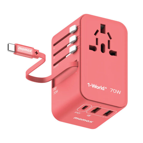 Momax 1-World+ 70W GaN 3-Port with Built-in USB-C Cable + AC Travel Adaptor (2Y) UA18
