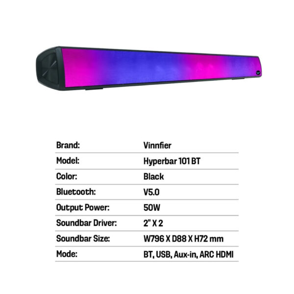Vinnfier VF Hyperbar 101 BT Bluetooth 50W Home TV Soundbar with 8 Light Show LED / HDMI / USB Driver