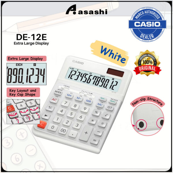 Casio DE-12E Extra Large Display Ergonomic Heavy Duty Calculator Black / White
