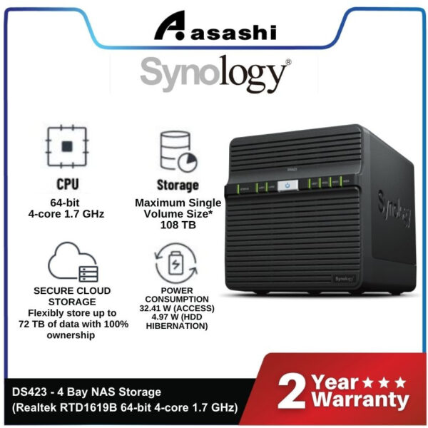 Synology DS423 4-Bay NAS Storage (Realtek RTD1619B Quad Core 1.7 GHz, 2GB DDR4,2 X 1GbE LAN, USB 3.2 Gen 1 X 2)
