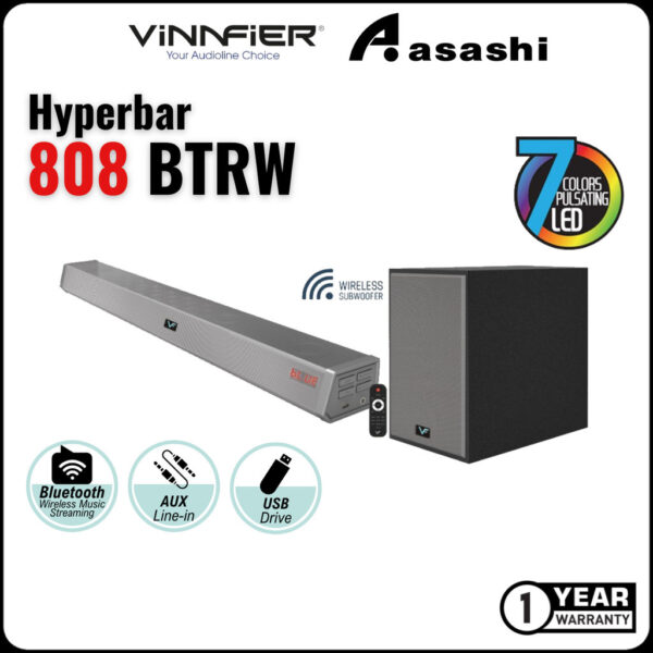 Vinnfier Hyperbar 808 BTRW Bluetooth Sound Bar with Wireless Subwoofer with AUX HDMI OPTICAL INPUT