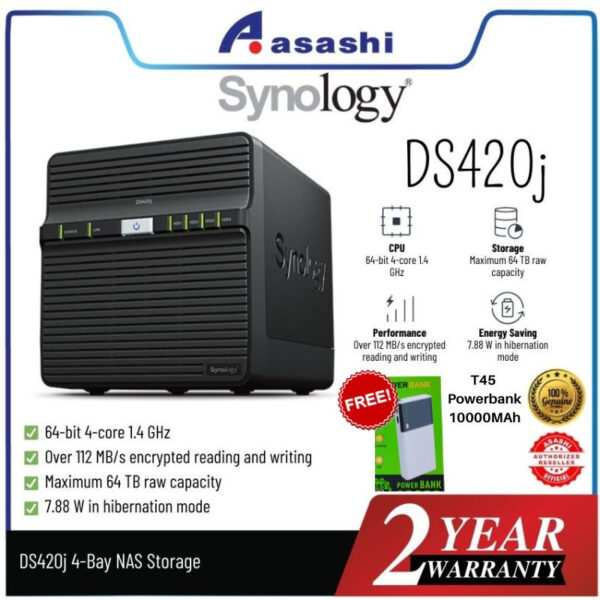 Synology DS423 4-Bay NAS Storage (Realtek RTD1619B Quad Core 1.7 GHz, 2GB DDR4,2 X 1GbE LAN, USB 3.2 Gen 1 X 2)