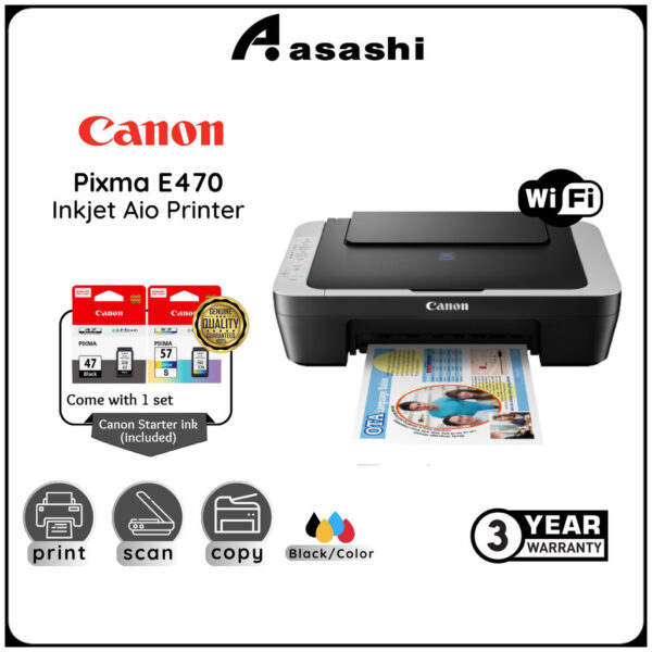 Canon Pixma E470 Inkjet Aio Printer (Print,Scan,Copy & Wireless)