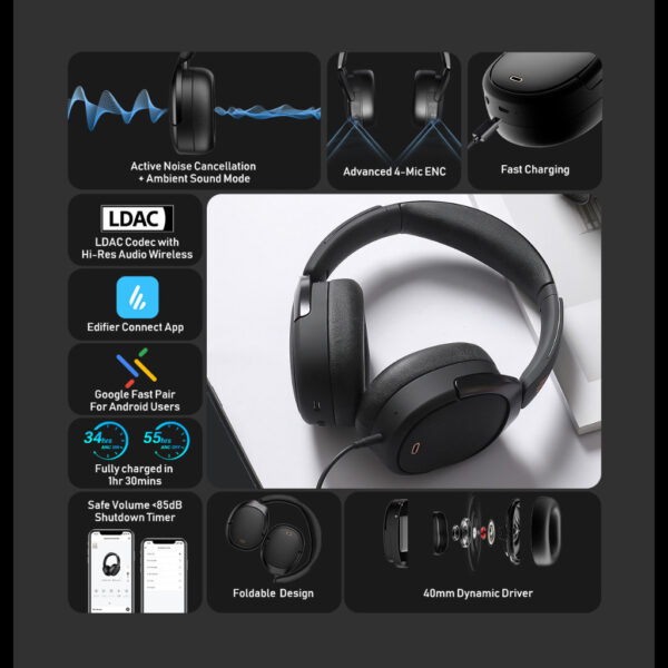 Edifier WH950NB -45dB Noise Cancellation Headphones - Bluetooth V5.3 | Hi-Res Audio | LDAC | Edifier Connect