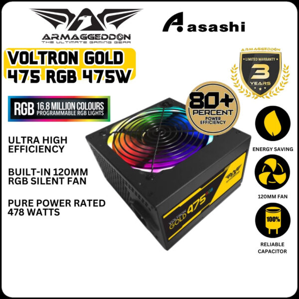 Armaggeddon Voltron Gold 475 RGB 475W / Voltron Gold 600 RGB 600W Power Supply (3 Years Warranty)