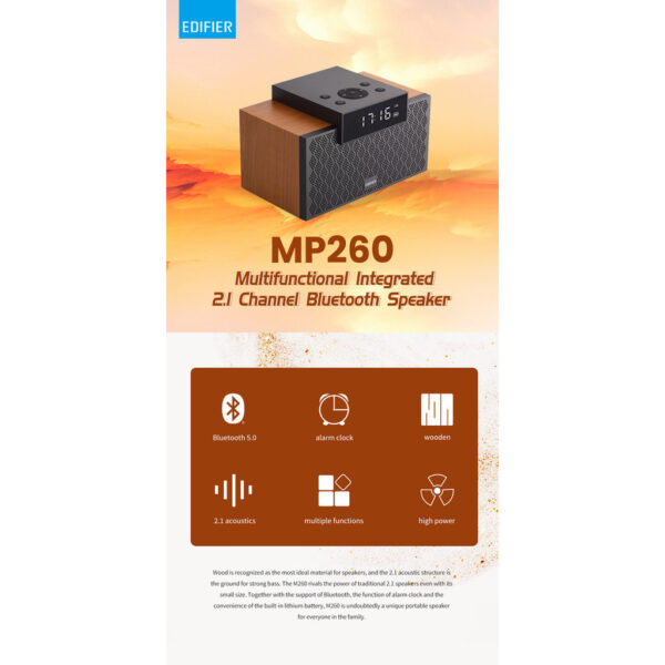 Edifier MP260 Portable Speaker - Bluetooth V5.0 | Built-in Clock | Alarm Function | Wooden Enclosure | 2.1 Channel