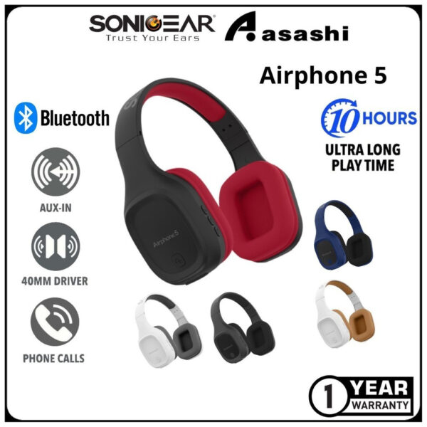 SonicGear Airphone 5 Bluetooth 5.0 Headphone | High Clarity | Strong Bass | Built-In Microphone