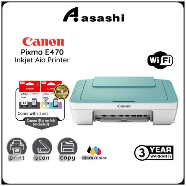 Canon Pixma E470 Inkjet Aio Printer (Print,Scan,Copy & Wireless)