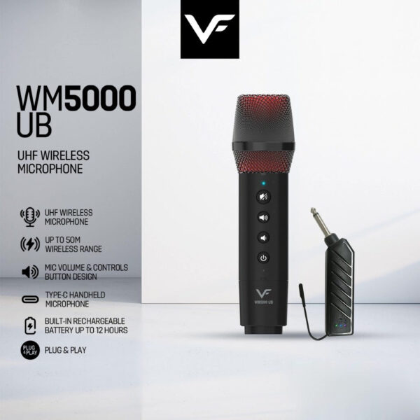 Vinnfier VF WM5000UB Wireless UHF Microphone Plug & Play Handheld Microphone Karaoke Audio 12 hours