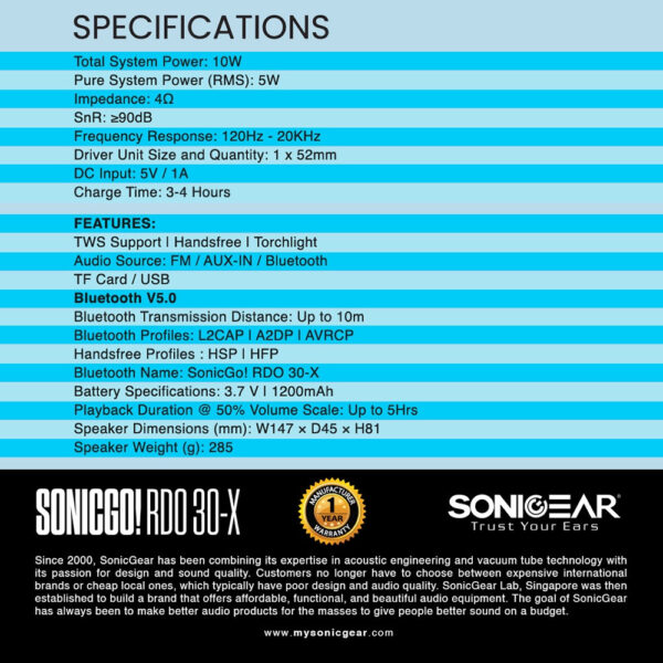 SonicGear SonicGo RDO 30x Bluetooth Portable Speaker with Handsfree | Built In Torch Light
