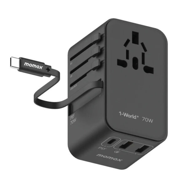 Momax 1-World+ 70W GaN 3-Port with Built-in USB-C Cable + AC Travel Adaptor (2Y) UA18