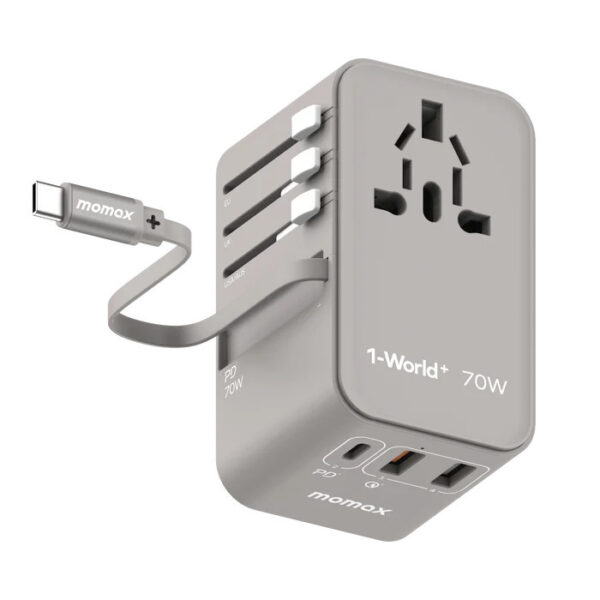 Momax 1-World+ 70W GaN 3-Port with Built-in USB-C Cable + AC Travel Adaptor (2Y) UA18