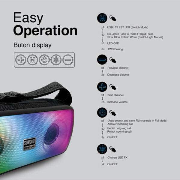 SonicGear SonicGo 3 Portable Speaker | Bluetooth 5.3 | Built-In Mic | TWS | RGB Light