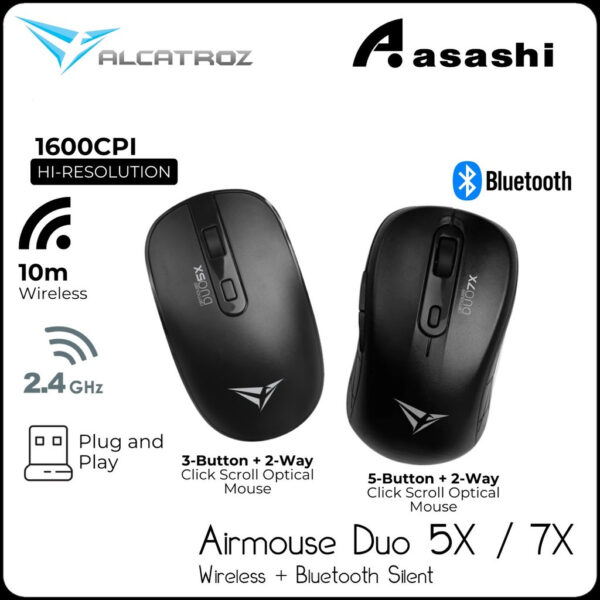 Alcatroz Airmouse Duo 5X / Airmouse Duo 7X Wireless + Bluetooth Silent Mouse