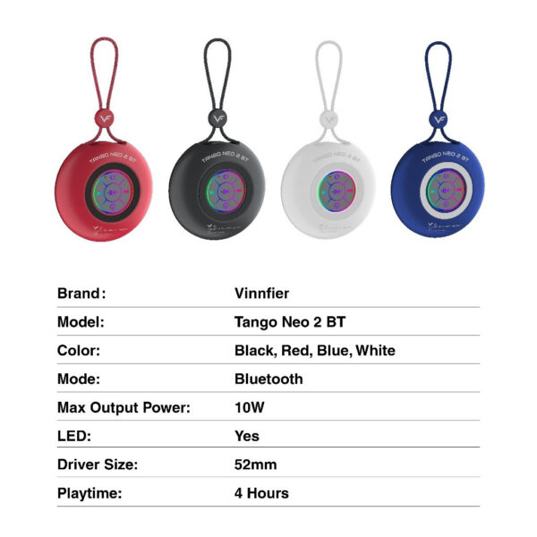 Vinnfier Tango Neo 2 / Tango Neo 2BT Wireless Portable Speaker 10W Output IPX4 Water Resistance Built-in Microphone