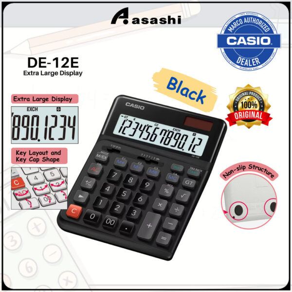 Casio DE-12E Extra Large Display Ergonomic Heavy Duty Calculator Black / White