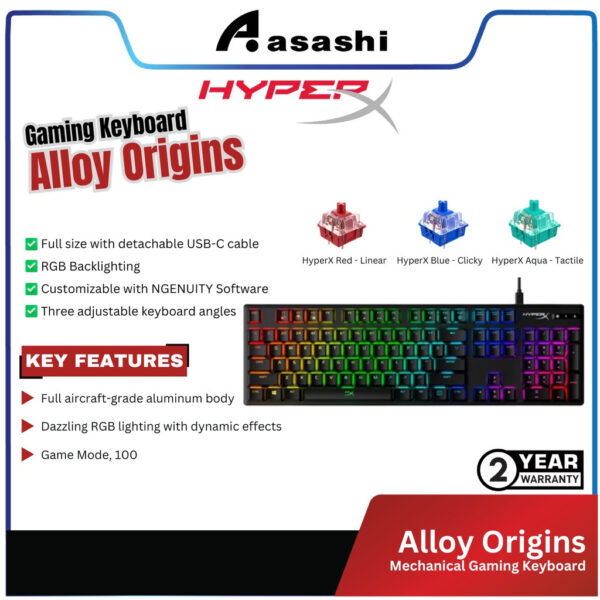 HyperX Alloy Origins RGB Gaming Keyboard - HX (US Layout) (HX- KB6RD/AQ/BLX-US)-US (Red/Aqua/Blue)