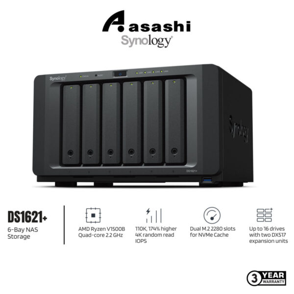 Synology DS1621+ 6-Bay NAS Storage (AMD Ryzen V1500B Quad Core 2.2 GHz, 4GB D4 ECC, 4 x GbE)