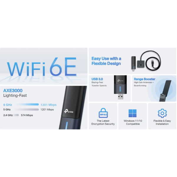 TP-Link Archer TXE50UH AXE3000 High Gain Tri-Band Wi-Fi 6E USB Adapter