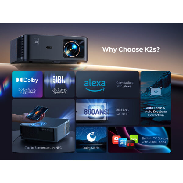 Yaber K2S Entertainment Projector Android 9.0 with Build-in TV Dongle, 1080P FHD, 800 ANSI Lumens