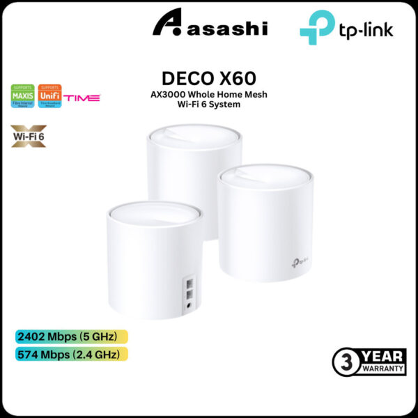 TP-LINK DECO X60 AX3000 Whole Home Mesh Wi-Fi 6 System (AP Or Router Mode) (Support Unifi , Maxis & TIME Fiber)