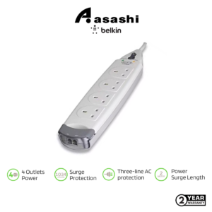 Belkin F9H410SA2M 4 Way Surge Protector with Tel Protection-19,500 Amp Max Spike Current