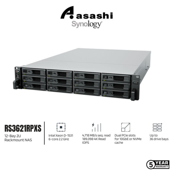 Synology RS3621RPxs 12-Bay 2U Rackmount NAS Storage (Intel Xeon D-1531 6 Core Processor (Up to 2.7Ghz), 8GB ECC, 4 x GbE, Redundant Power)