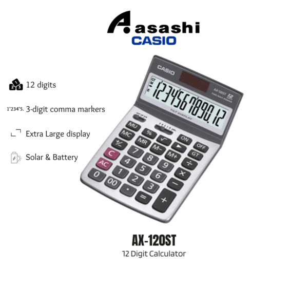 d2be5b3319d64daf3c310213bcef9154.png Casio AX-120ST 12 Digits Calculator (Metal Faceplate, 2 Way power)