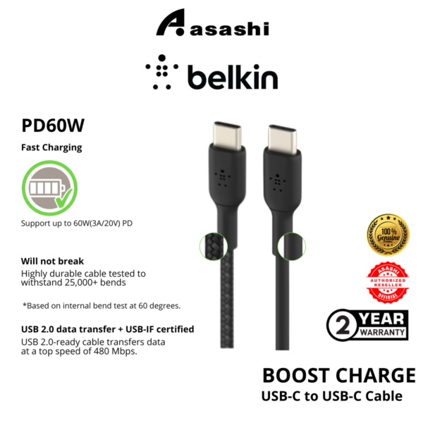 Belkin BOOST CHARGE USB-C to USB-C Cable Support PD60W 1meter Black/White CAB003bt2M CAB004bT1M