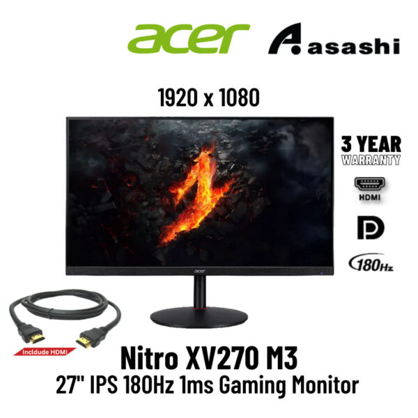 Acer Nitro XV270 M3 27" FHD IPS 180Hz OC 1ms HDR10 Gaming Monitor (HDMIx2/ DP/ AUXO) Free-Sync Premium Built-in SPK HAS