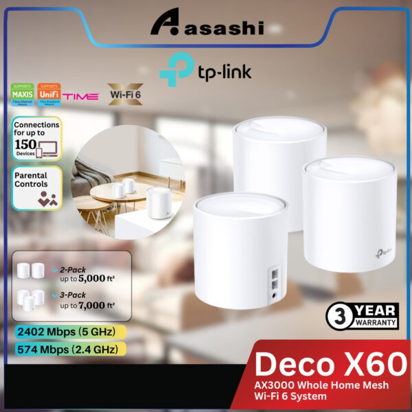TP-LINK DECO X60 AX3000 Whole Home Mesh Wi-Fi 6 System (AP Or Router Mode) (Support Unifi , Maxis & TIME Fiber)