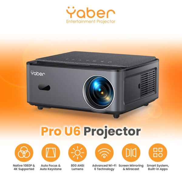 Yaber PRO U6 Entertainment Projector , 850 ANSI Lumens, Android TV 9.0, 5W X 2 Hi-Fi Stereo Speaker